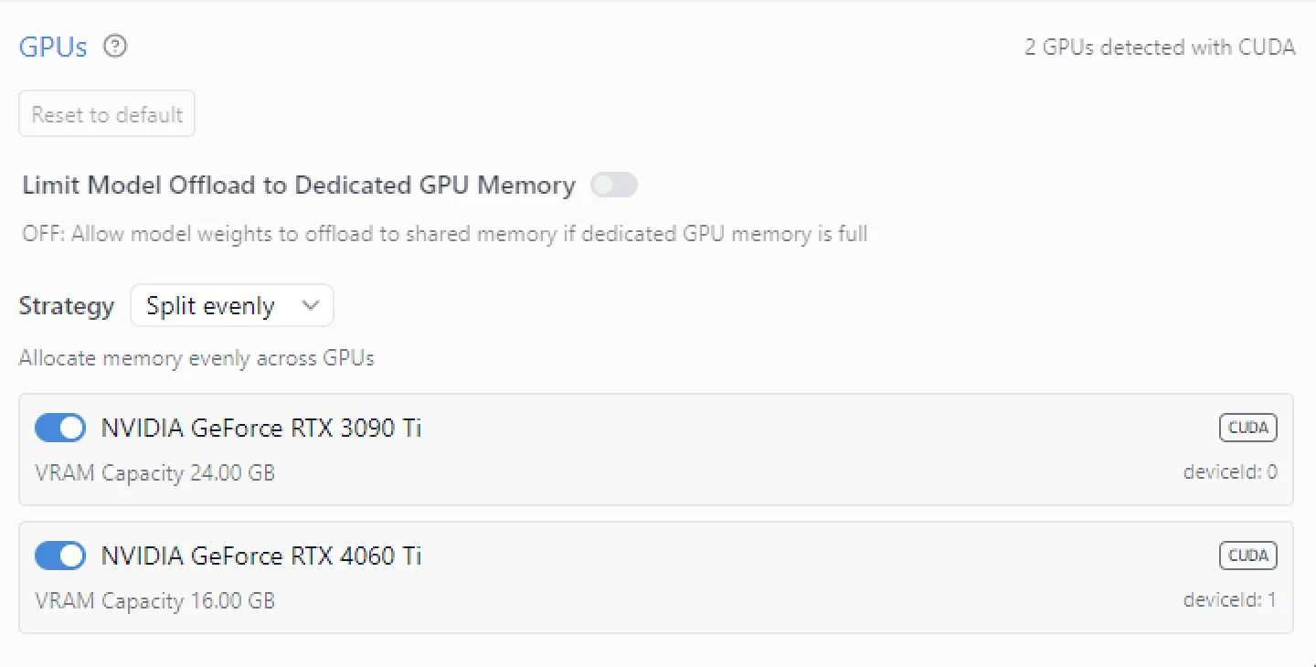 The GPU panel in LM Studio listing two detected graphics cards with their VRAM and CUDA labels