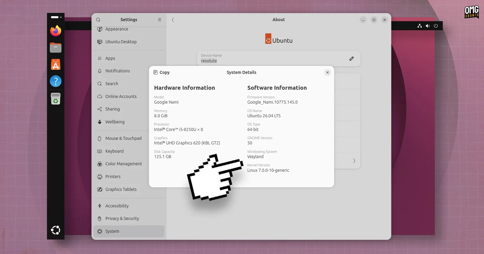 Ubuntu 26.04 LTS System Details window showing GNOME 50, Wayland and Linux kernel 7.0