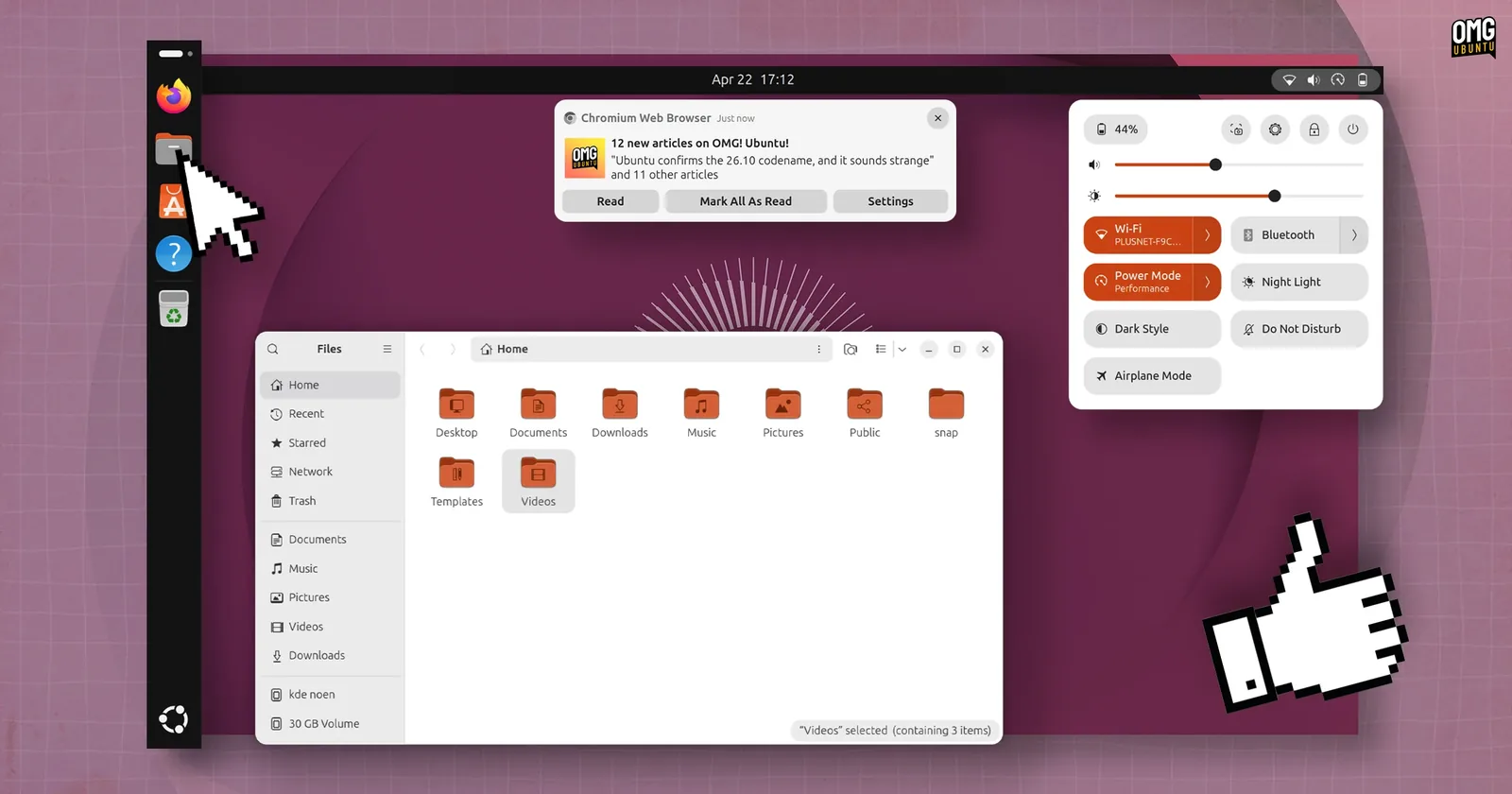 Ubuntu 26.04 Quick Settings menu with Dark Style, Night Light and Power Mode toggles