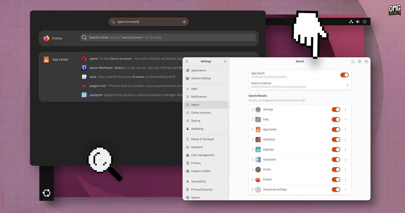 Ubuntu 26.04 Activities search showing App Center results next to the Search settings panel