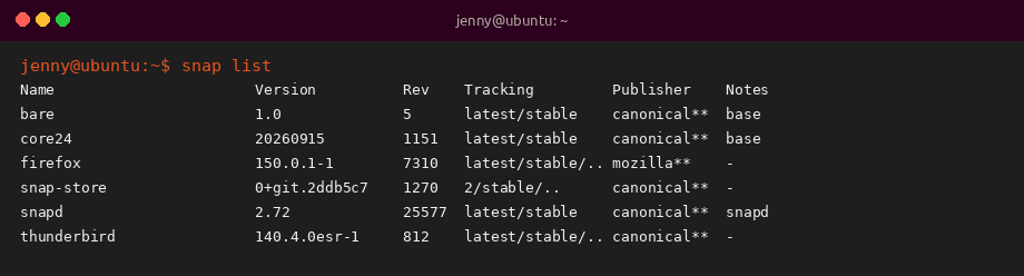 snap list sample output on Ubuntu 26.04