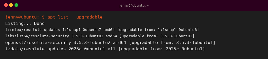 apt list --upgradable sample output on Ubuntu 26.04