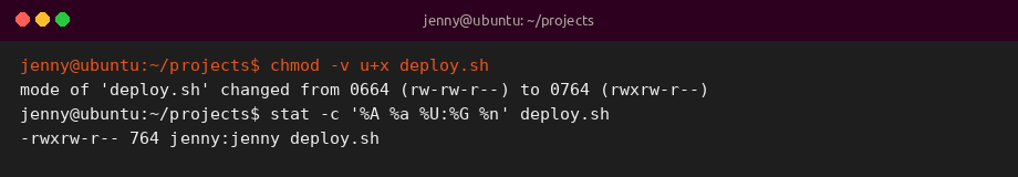 chmod -v u+x output on Ubuntu 26.04