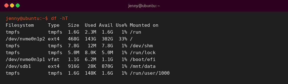 df -hT sample output on Ubuntu 26.04