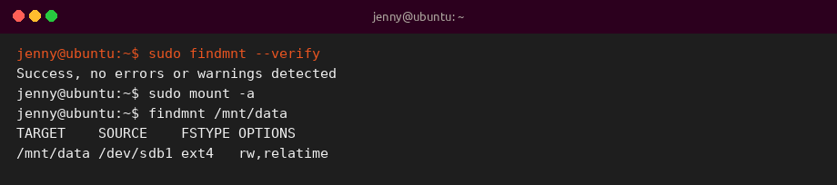 sudo findmnt --verify sample output on Ubuntu 26.04