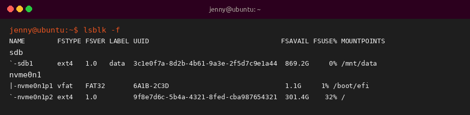 lsblk -f sample output on Ubuntu 26.04