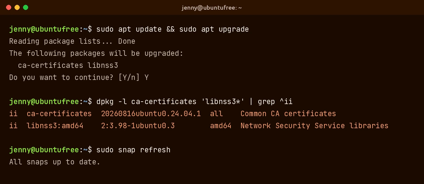 Ubuntu terminal running sudo apt update and sudo apt upgrade, then dpkg showing ca-certificates 20260816ubuntu0.24.04.1 and libnss3 2:3.98-1ubuntu0.3, then sudo snap refresh