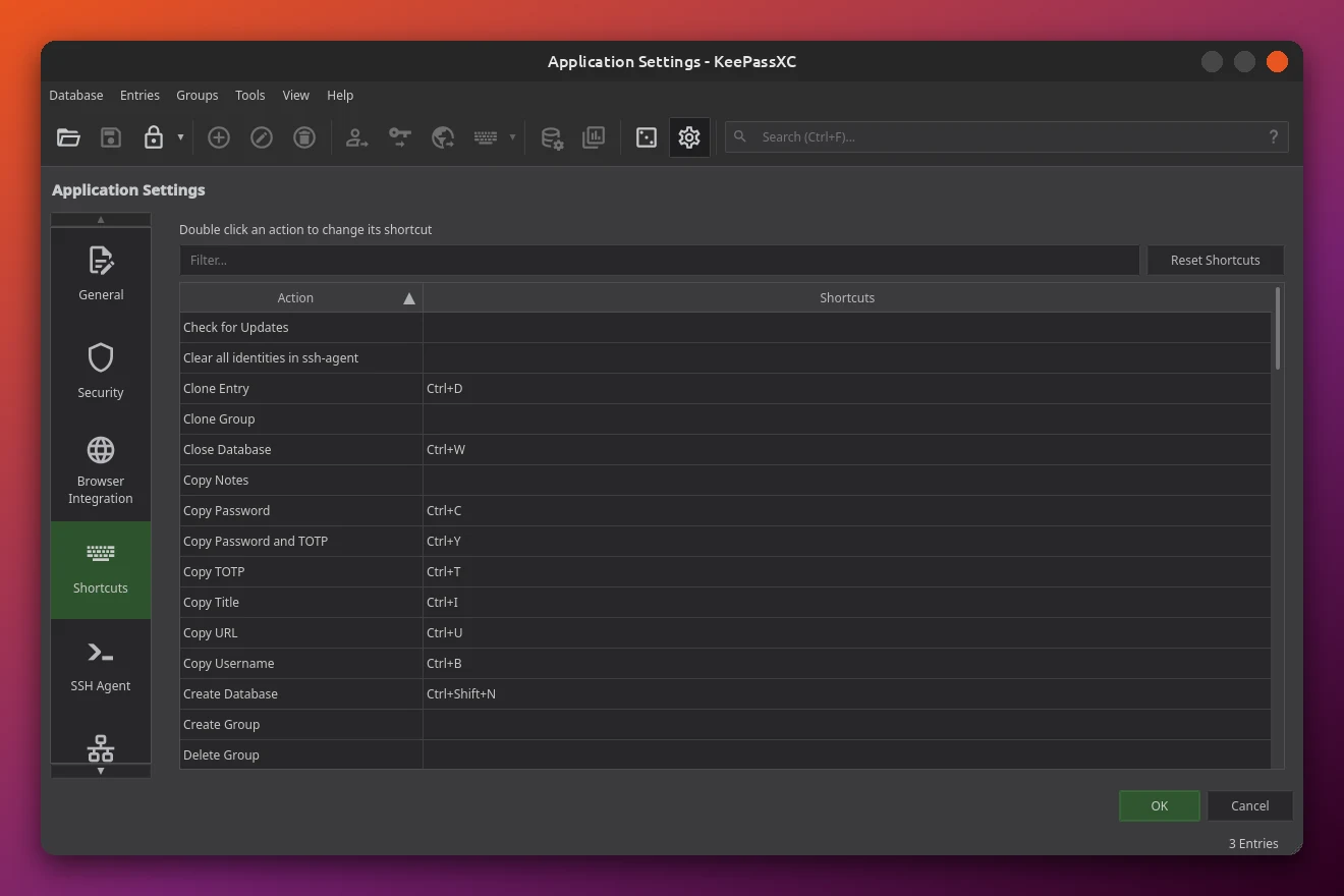 KeePassXC 2.8 Application Settings open on the new Shortcuts page, listing actions such as Clone Entry set to Ctrl+D and Copy Password set to Ctrl+C