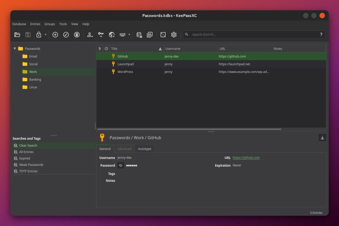 KeePassXC 2.8.0 main window in dark theme showing a demo database with Email, Social, Work, Banking and Linux groups and a selected GitHub entry