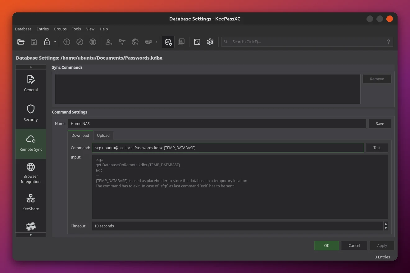 KeePassXC 2.8 Database Settings showing the new Remote Sync page with an scp download command for a database stored on a home NAS