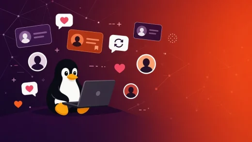 Flat illustration of a penguin at a laptop surrounded by social media post cards, hearts and follower icons on a purple to orange gradient