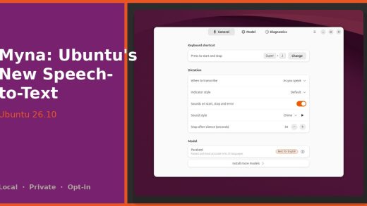 Myna speech-to-text for Ubuntu 26.10 featured graphic with settings screenshot