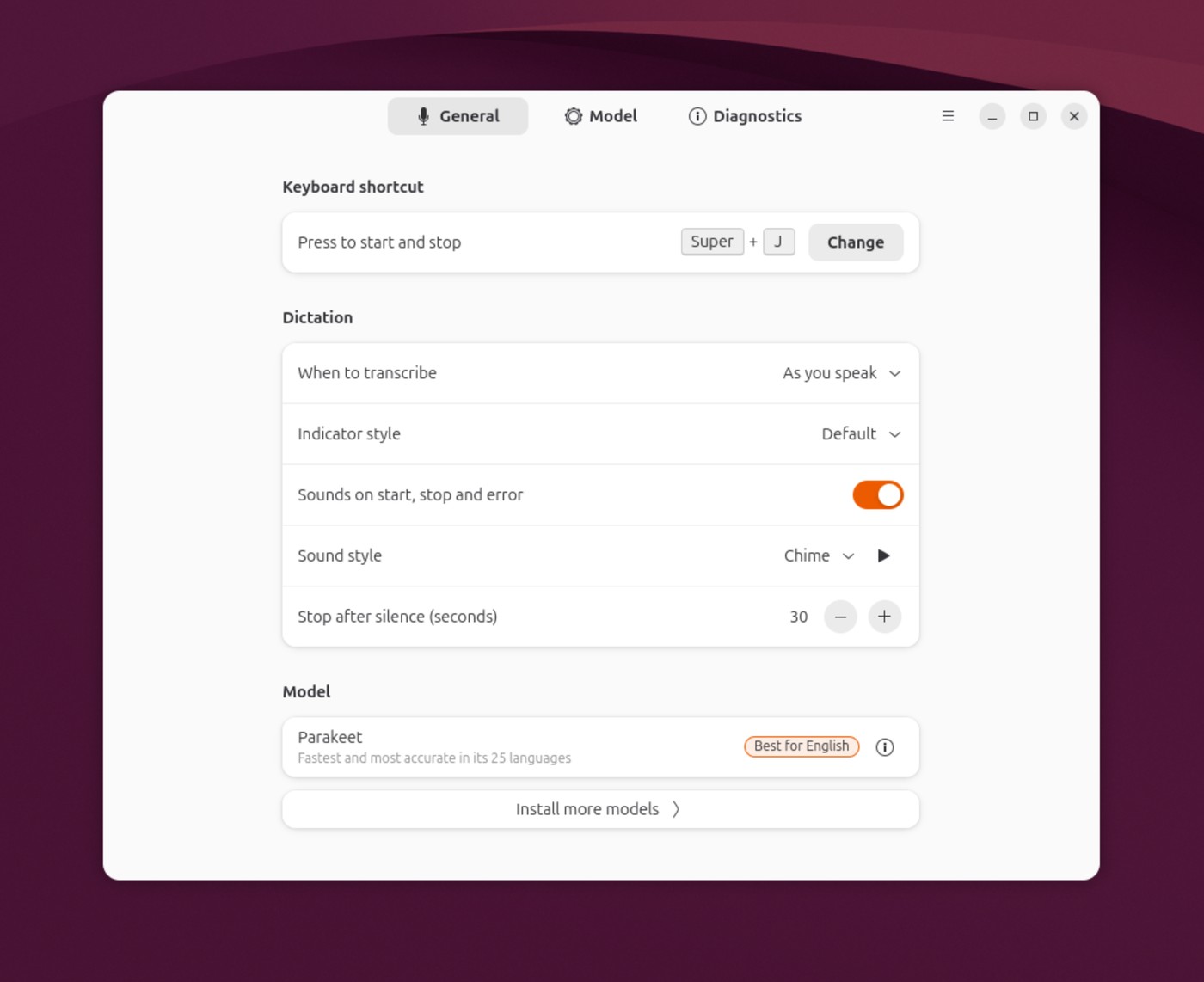 Myna Settings window showing Super+J keyboard shortcut, dictation options, and Parakeet model