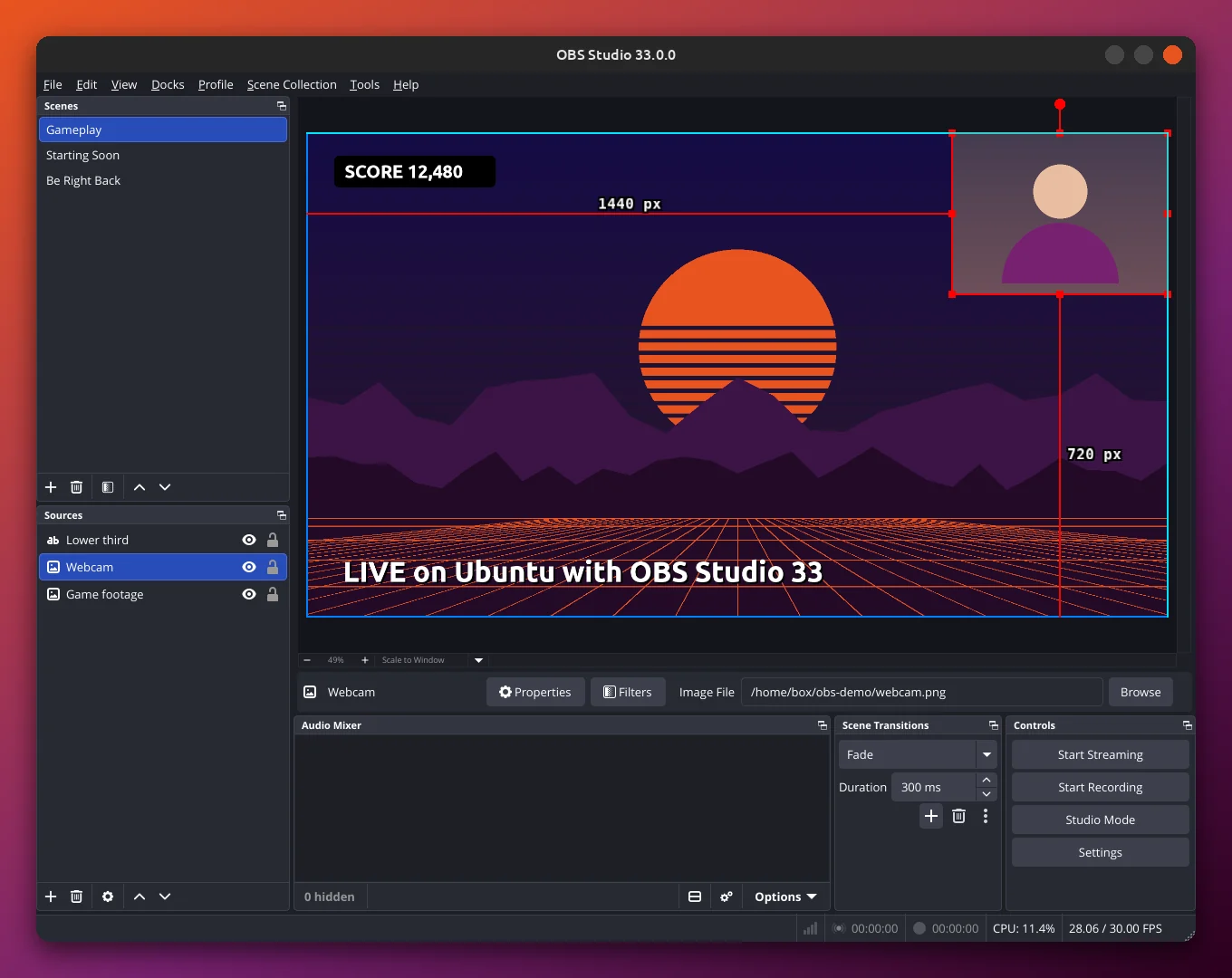 OBS Studio 33 preview while dragging a webcam source, showing the new snapping indicator lines along the canvas edge