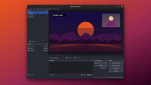 OBS Studio 33.0.0 main window on Ubuntu showing a Gameplay scene with a webcam box, on an orange Ubuntu gradient background