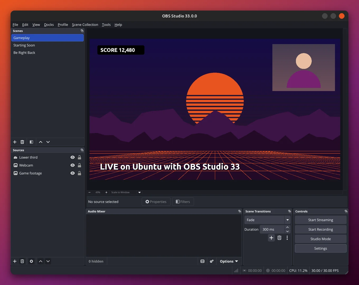 OBS Studio 33.0.0 main window on Linux with Gameplay, Starting Soon and Be Right Back scenes and Lower third, Webcam and Game footage sources in the preview