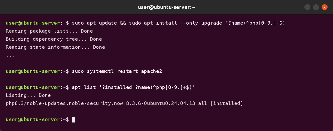 Ubuntu terminal showing the PHP upgrade command, an Apache restart and apt list confirming the fixed php8.3 version