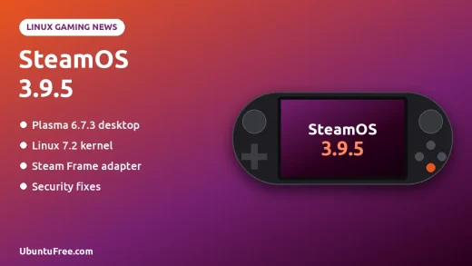 Original SteamOS 3.9.5 graphic with a generic handheld console and the update highlights: Plasma 6.7.3, Linux 7.2, Steam Frame adapter support and security fixes