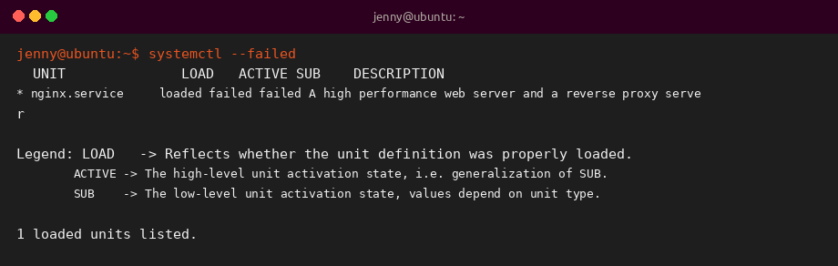 systemctl --failed sample output on Ubuntu 26.04