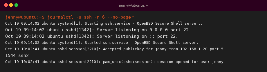 journalctl -u ssh sample output on Ubuntu 26.04