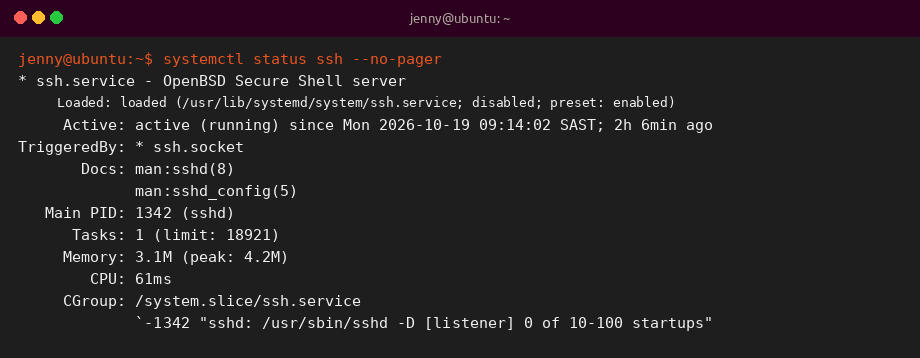 systemctl status ssh sample output on Ubuntu 26.04