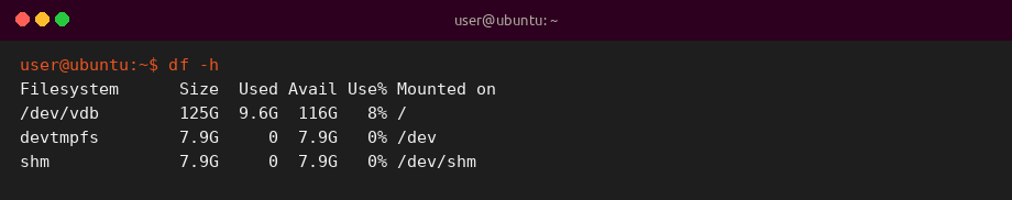 Sample terminal output of df -h showing disk usage on Ubuntu
