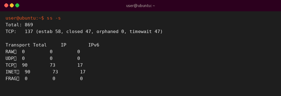 Sample terminal output of ss -s socket summary on Ubuntu