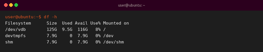 Sample terminal output of df -h showing disk space usage on Linux