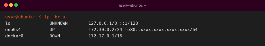 Sample terminal output of ip -br a showing network interfaces on Linux