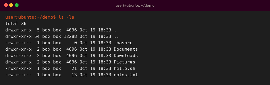 Sample terminal output of ls -la listing files in a home folder on Linux