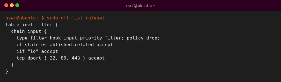 Illustrative sample output of sudo nft list ruleset on Ubuntu