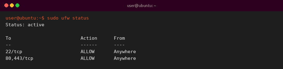 Illustrative sample output of sudo ufw status on Ubuntu