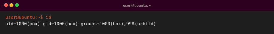 Sample terminal output of id showing user and group IDs on Ubuntu