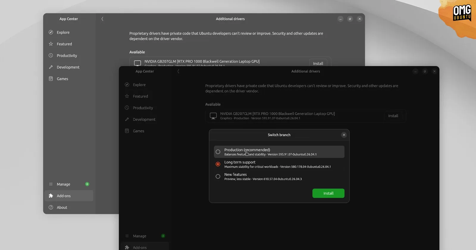App Center Additional drivers page offering NVIDIA driver branches on Ubuntu
