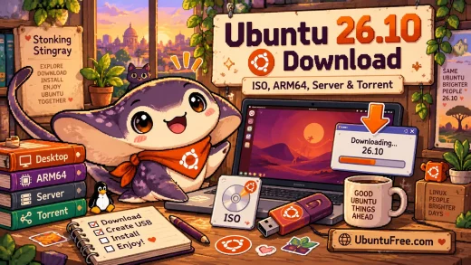 Ubuntu 26.10 Stonking Stingray download cover with ISO, ARM64, Server and Torrent options