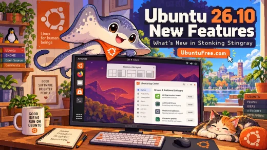 Ubuntu 26.10 Stonking Stingray new features cover showing the tiling layout picker and App Center drivers