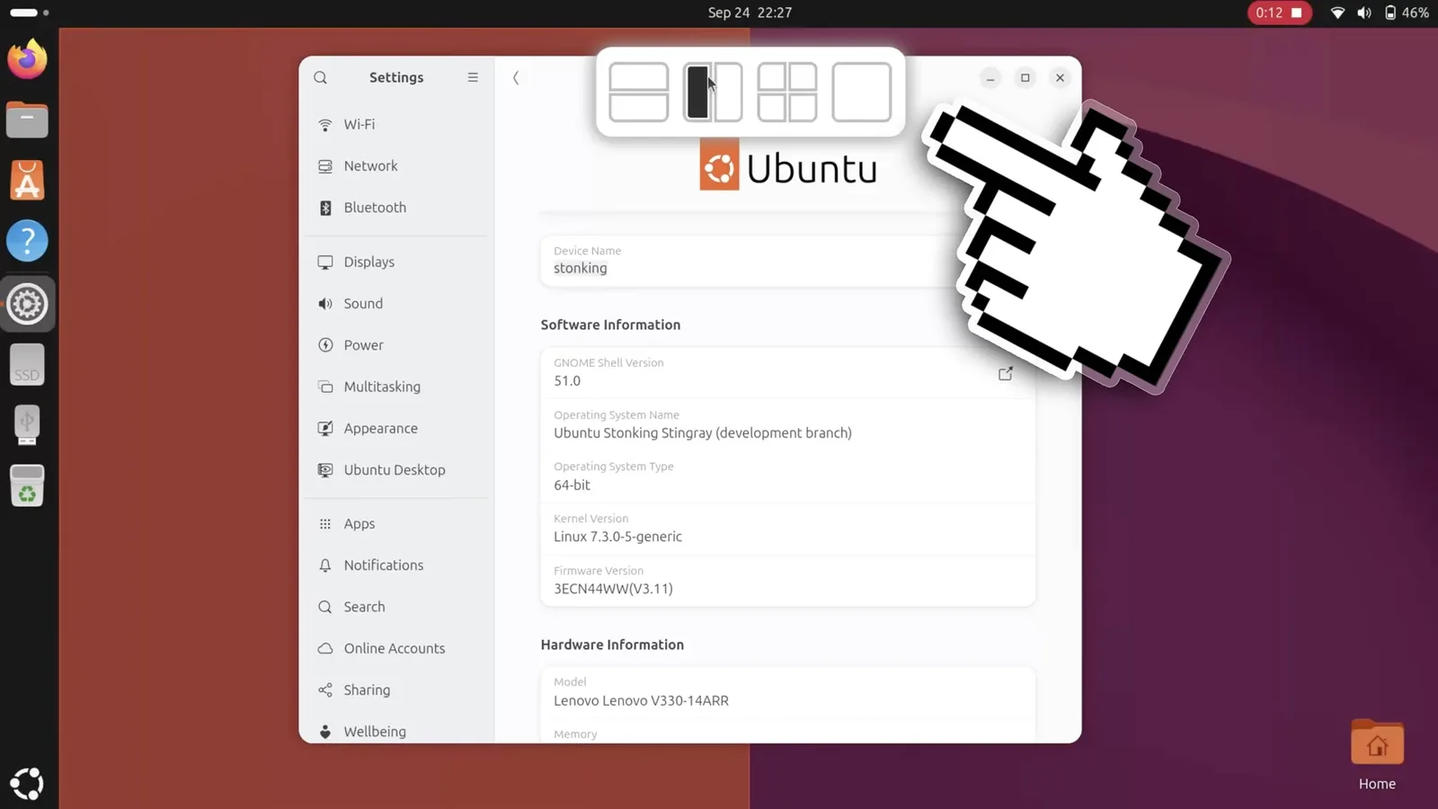 Ubuntu 26.10 tiling layout picker shown while dragging a Settings window