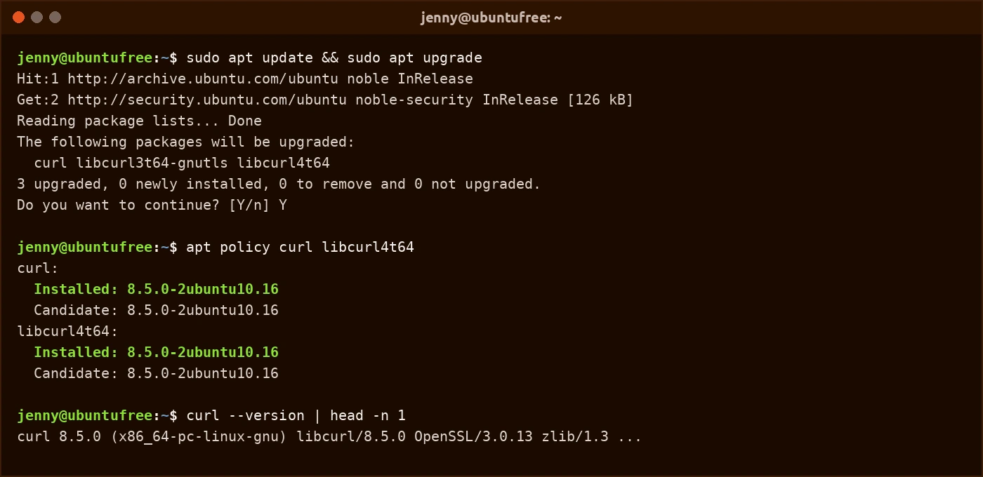 Ubuntu terminal for jenny@ubuntufree running sudo apt update and sudo apt upgrade, then apt policy showing curl and libcurl4t64 at 8.5.0-2ubuntu10.16, then curl --version
