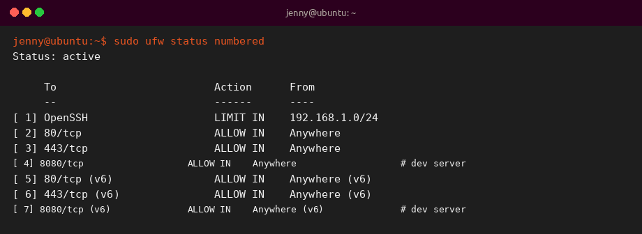 sudo ufw status numbered sample output on Ubuntu 26.04