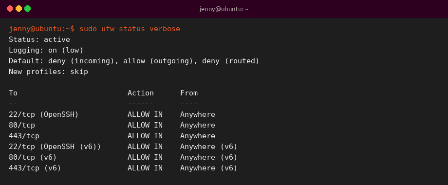 sudo ufw status verbose sample output on Ubuntu 26.04