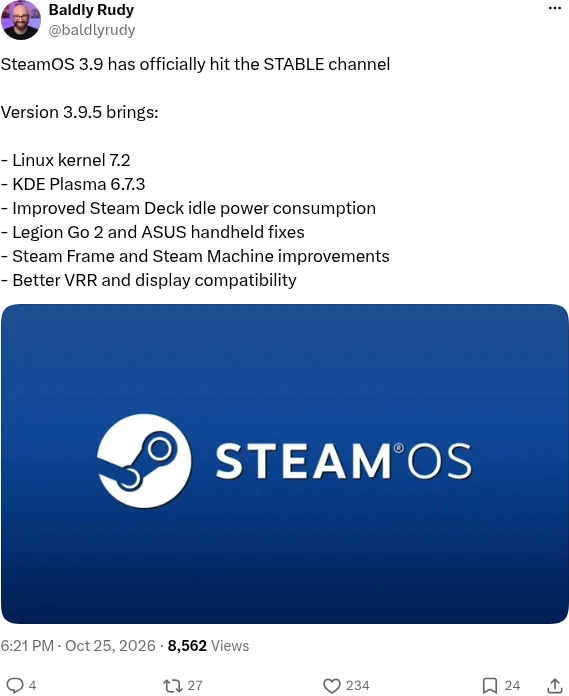 Baldly Rudy post on X listing SteamOS 3.9.5 stable changes including Linux kernel 7.2 and KDE Plasma 6.7.3