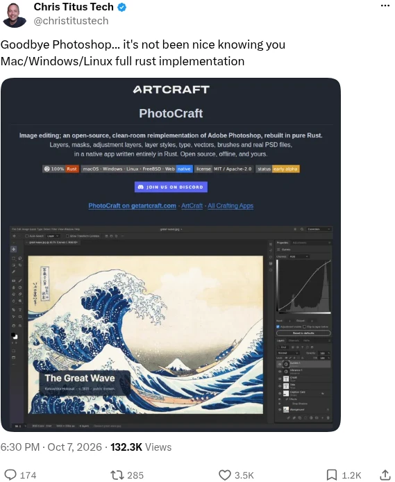 Chris Titus Tech post on X about PhotoCraft, a Rust Photoshop alternative for Linux