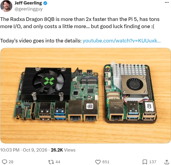 Jeff Geerling post on X comparing the Radxa Dragon 8QB with the Raspberry Pi 5