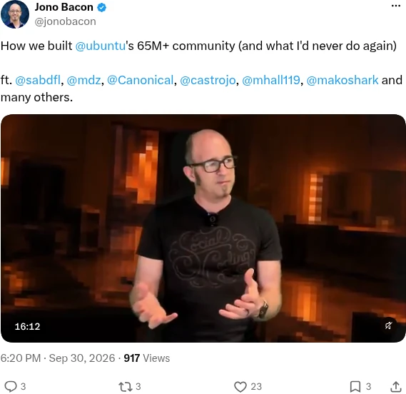 Jono Bacon post on X sharing a video on how the Ubuntu community grew to 65M+ users