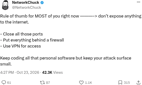 NetworkChuck post on X advising self-hosters to close ports, use a firewall and use a VPN