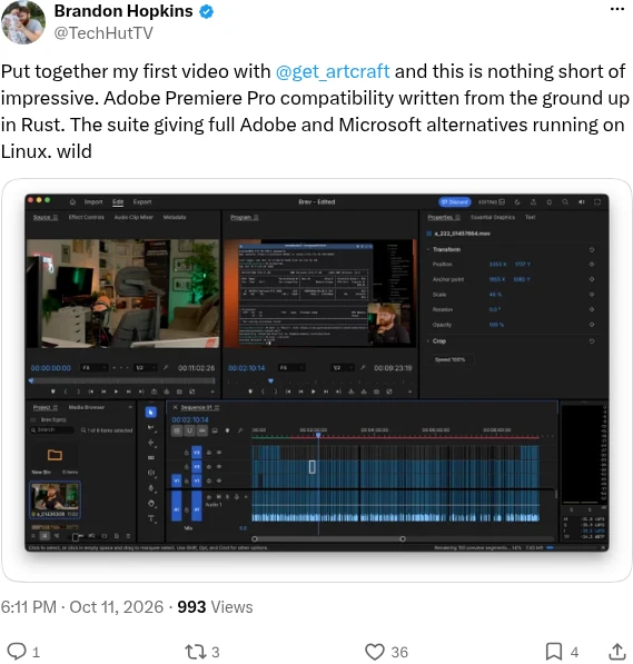 Brandon Hopkins post on X about Artcraft video editing apps running on Linux