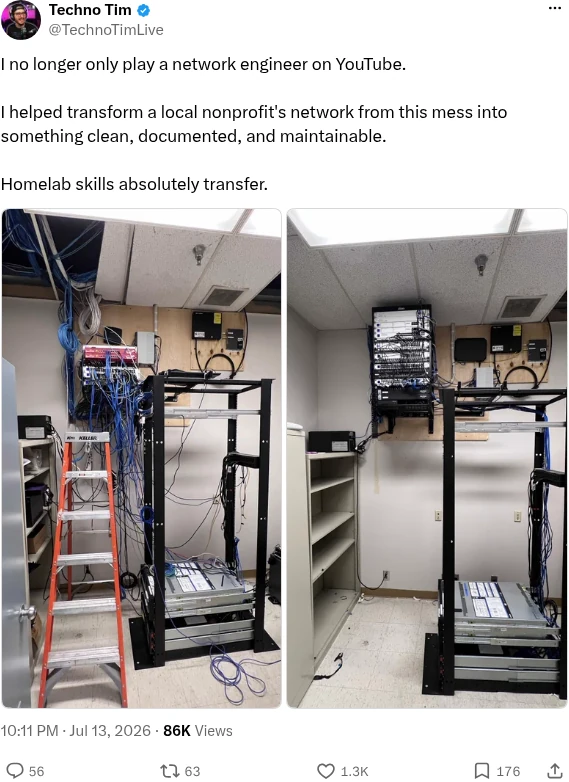 Techno Tim post on X showing a nonprofit network rack before and after a cleanup