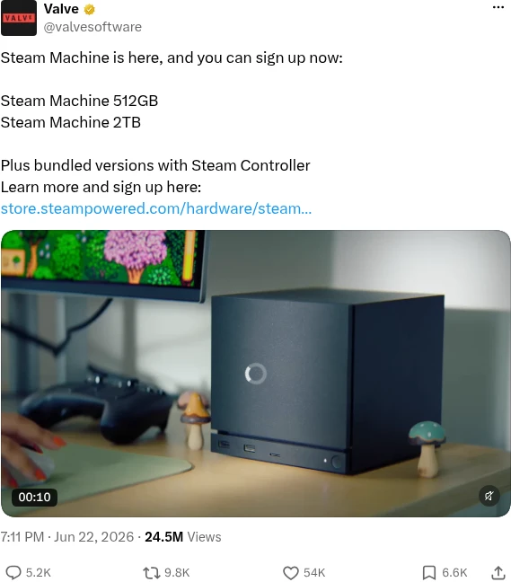 Valve post on X announcing Steam Machine sign-ups